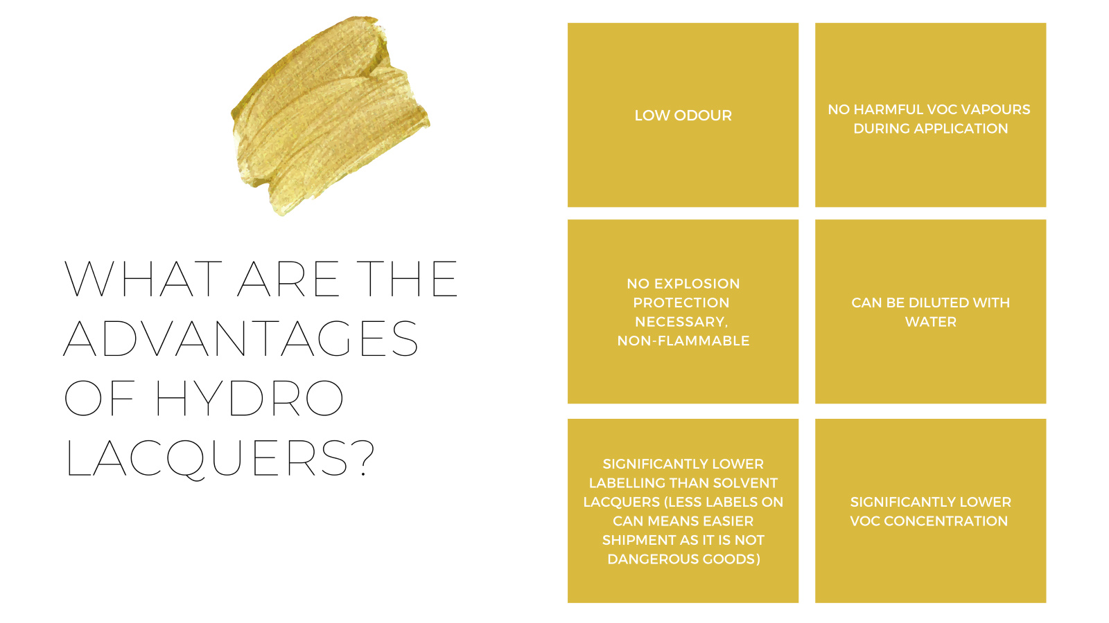 Low Odour no VOC vapours, dilution, non-flammable, Lower VOC concentration